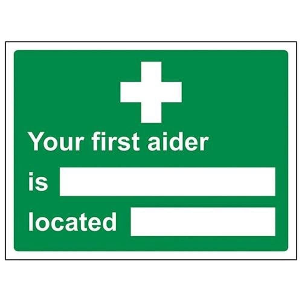 VSafety First Aider/Located Sign - Landscape - 200mm x 150mm - Self Adhesive Vinyl