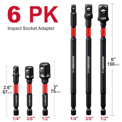 Image of Geinxurn 6Pcs Impact Socket Adapter Set,1 /4 inch 3 /8 inch and 1 /2 inch Drive, (3 inch and 6 inch) Extension Bit with Holder, Adapt Your Power Drill to High Torque Impact Wrench