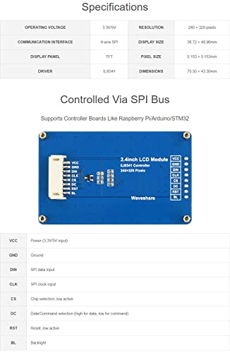Image of waveshare 2.4inch LCD Display Module with 65K RGB Colors 240x320 Resolution SPI Interface