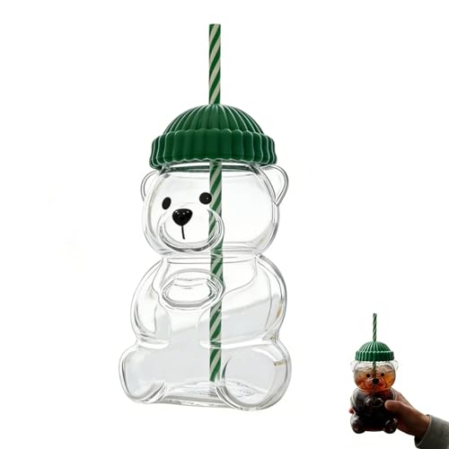 bafeooo Bear Cup Cute Glass Cup Clear Bear Straw Cupes Cute Cups Iced Coffee Cupes Glass Cups with Lids and Straws Iced Coffee Glasses Milk Tea Gifts for Women Girls Friends