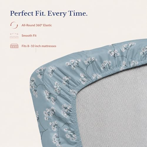 Image of Jaipur Weaves King Size Fitted Bedsheet with Elastic, 100% Pure Cotton King Size Fitted Bedsheet for Double Bed with 2 Pillow Covers, 240 TC, 72x78 Inches up to 8-inch Mattress, Floral Design (Blue)