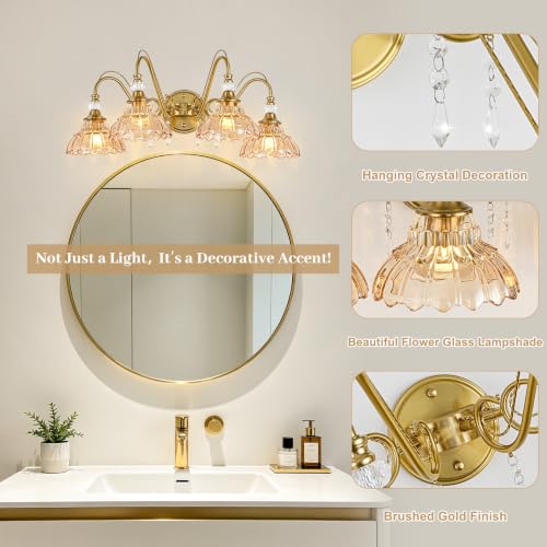 Image of Vintage Bathroom Vanity Light, 4-Light Brushed Gold Finish Wall Sconce with Hanging Crystal Accents and Flower-Shaped Amber Glass Shades, Retro Wall Mount Vanity Light Over Mirror for Bathroom