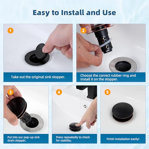 Hibbent 2 Pack 3 in 1 Bathroom Sink Drain Strainer, Pop Up Sink Stopper with Big Push Cap, Anti-Clogging Metal Filter Basket,Sink Plug with Hair Catcher for 1.1''~2.36'' Basin, Oil-Rubbed Bronze - image 8