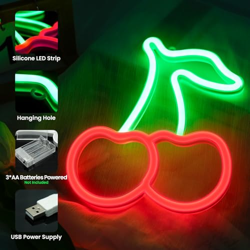 Image of Cherry Neon Sign for Wall Decor Red Green Cherry Lights LED Signs Gift for Women Fruit Shape Neon Signs Cereza Birthday Party Home Bathroom Living Room Bar Decoration USB /Battery Powered