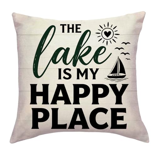 JAERUE Rustic Lake Themed Throw Pillow Cover 18x18 Inch Sailboat with Quote Pillow Case Cabin Lake House Cushion Cover for Sofa Couch (Black)