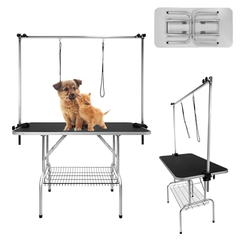 QEENTOE Hundefriseur Tisch Klappbar, Höhenverstellbar - Professioneller Trimmtisch mit Sicherheitsarm&Stauraum - Für Tierpflegesalon & Heimgebrauch, Schwarz-113x60x175cm