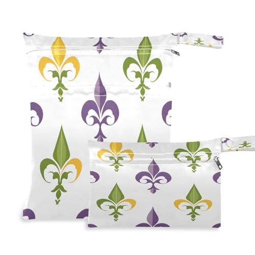 BOESI 2 Piece Wet and Dry Storage Bag, Travel Wet and Dry Bag, Waterproof Reusable, For Travel, Beach, Pool, Diapers, Toiletries, Graffiti Mardi Gras Logo Pattern