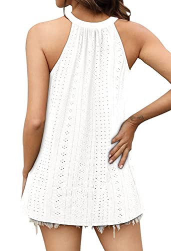 Zwurew Women's Sleeveless Tank Top 2023 Summer Halter Neck Pleated Eyelet Casual Cami Blouse Elegant Flowy Tunic Tanks White 2Xl #TOP1