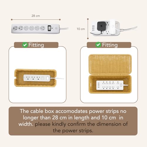 Image of Soko Woven Faux Rattan Cable Management Box| Cord Hider with Lid, 2 Open Slots Surge Protector | Power Strips, Router, TV, Gadget Wires Organizer Tray for Desktop, Table-Home, Office (Large) Natural