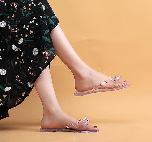 Image of Studded Jelly Shoes for Womens Bow Flip Flops Jellies Sandals Flat Black Summer Beach Thong with Rivets Strappy Slides Slip On