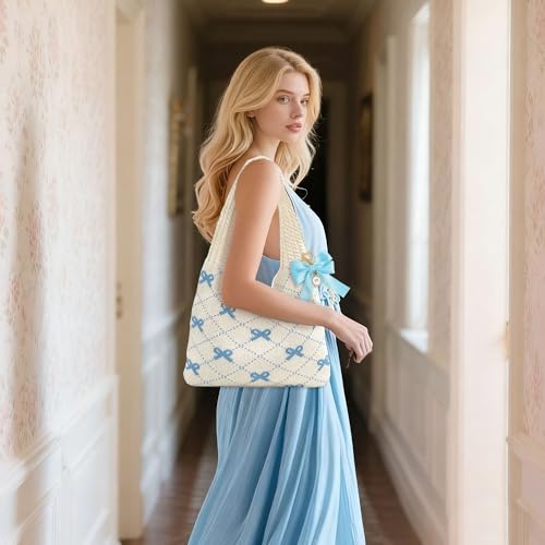 Image of JeVenis Pink Crochet Tote Coquette Bow Aesthetic Hobo Bag for Women Beach Mesh Knitted Shoulder Bag Boho Shoulder Handbag