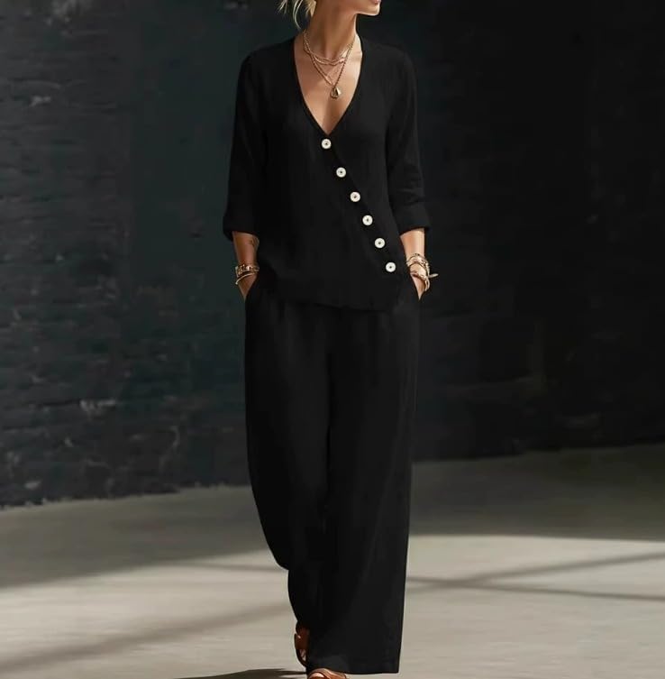 Women Cotton Linen Two Piece Set V Neck Blouse Wide Leg Pants Casual Spring Summer Outfit