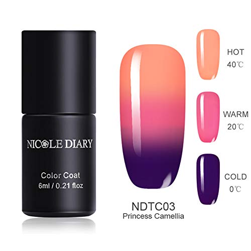 NICOLE DIARY Gel Nail Polish Color Changing Temperature Nail Gel 3 Colors Thermal Nail Polish Glitter Soak Off UV LED Varnish Princess Camellia Manicure Nail Art 6ml (NDTC03)