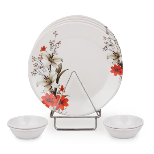 Image of GOLDEN FISH Melamine Round Dinner Plate & Bowl Set of 8 (4 Plates + 4 Veg Bowls) | Red & White Floral Print | Unbreakable, Dishwasher & Microwave Safe