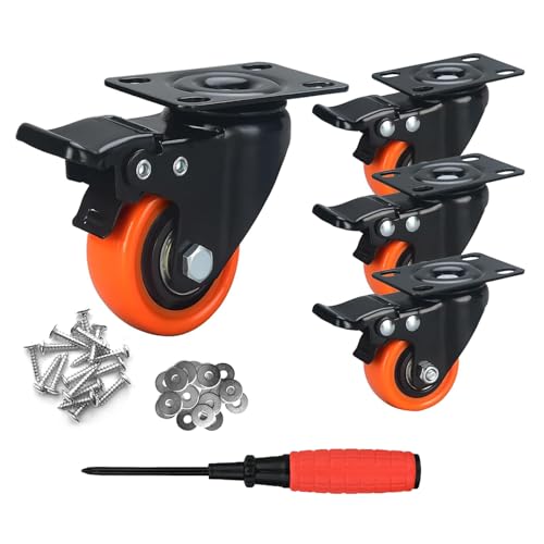YIUBCZOQI 38MM Furniture Castors Heavy Duty Castor Wheels with Brakes, Double Bearing PU Trolley Wheels Rubber Swivel Castor, 4 Industrial Plate Casters Capacity 150KG