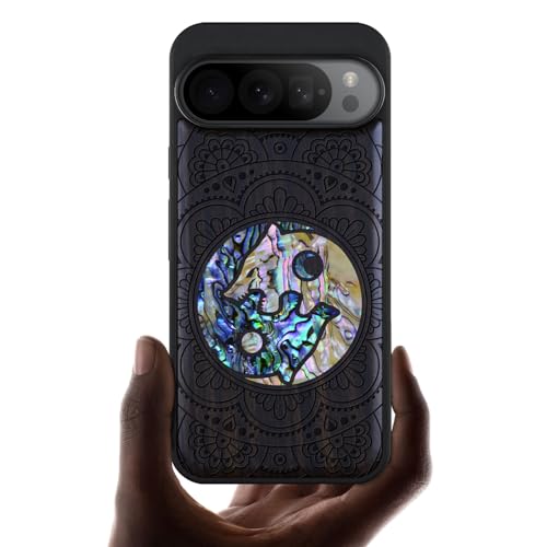 Carveit 木製 カバー 対応 Google Pixel 9 Pro XL ケース, 手でインレイ/象嵌 綺麗な貝張り+ブラックソフトTPU 内部シェル, 耐衝撃 ピクセル9 Pro XL ケースワイヤレス充電器対応 Pixel 9 Pro XL カバ