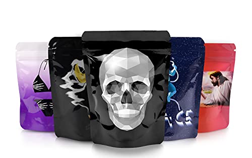 100 Pack Smell Proof Mylar Bags 3.5g, Printed Design Stand-up Packaging Pouch, Resealable Zip Lock Foil Food Storage Baggies Thick Material, 4x5 Inches, Mix
