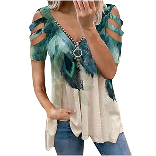 Womens Summer Tops Sexy Zipper V-Neck Blouse Cozy Hollow Out Print T-Shirt Short Sleeve Casual Tunics