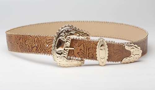 Women Western Gold Buckle Cowgirl Belt Flower Pattern Leather Waist Belt for Jeans Pants3