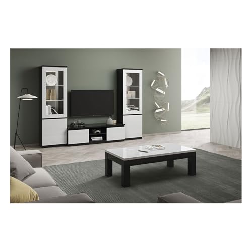 AltoBuy DEYTON - Ensemble Salon Complet Laqué Noir et Blanc Meuble TV + Vitrines avec LEDs + Table Basse 127cm
