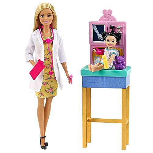 Barbie You Can Be Anything Series, Doktor, Puppe mit blonden Haaren, Baby schwarzen Zöpfen, Röntgengerät, Armgips, Arztkittel, Accessoires, Geschenk für Kinder ab 3 Jahren