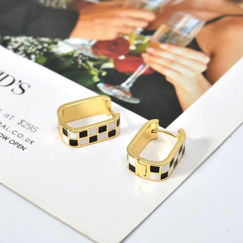 Dainty Checkered Hoop Earrings, 18K Gold Filled Enamel, Chunky Oval Hoops, Hypoallergenic Earrings4