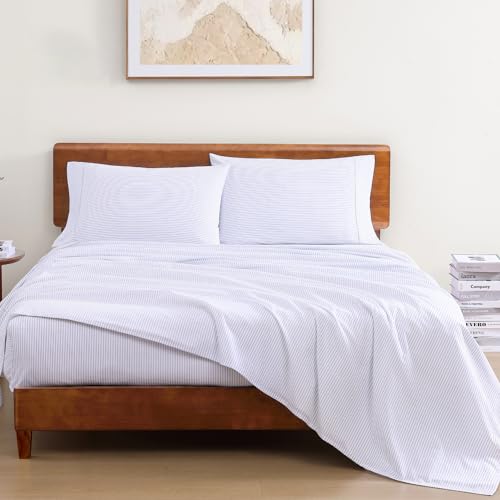 Image of LANE LINEN 100% Organic Cotton Bedsheet Single - Ticking Stripe Cobalt Blue | GOTS Certified, Percale Weave, 60x90 inches, Soft & Breathable, Machine Washable, Includes 1 Pillow Cover