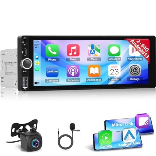 [2+64G] Android 13 Single Din Car Radio with Wireless Carplay and Android Auto - 6.86 inch Touchscreen Car Stereo - EQ Setting/WiFi/GPS/Mirror Link/SWC/USB Charging + AHD Backup Camera