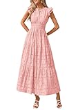 PRETTYGARDEN Womens Boho Maxi Dresses 2026 Summer Floral Lace Eyelet V Neck Spring Wedding Guest Dress Beach Vacation Clothes (Pink,Small)