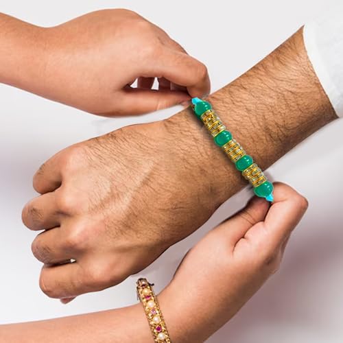 Image of Rakhi For Brother | Elegant Kundan Gold Plated Metal Rakhis For Brother Bhai Rakhi With Roli Chawal and Greeting Card (Set of 2 Rakhis)