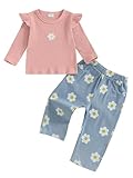 ZZLBUF Baby Girl Clothes Toddler Girl Jeans Outfits Ruffle Long Sleeve Knit Shirt Floral Denim Pants Set Fall Winter Outfit (Pink, 3-4T)