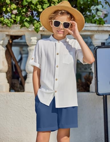 Image of Arshiner Boy's 2 Piece Beach Outfit Short Sleeve Textured Button Down Shirt and Short Sets Summer Vacation Wear 4-12 Years
