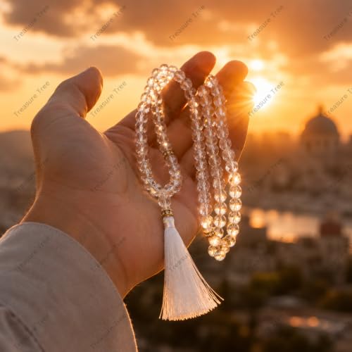 Image of Islamic Salat Prayer Tasbih - 100 Crystal White Beads - Tasbeeh for Dhikr, Zikr, and Meditation (Crystal White)