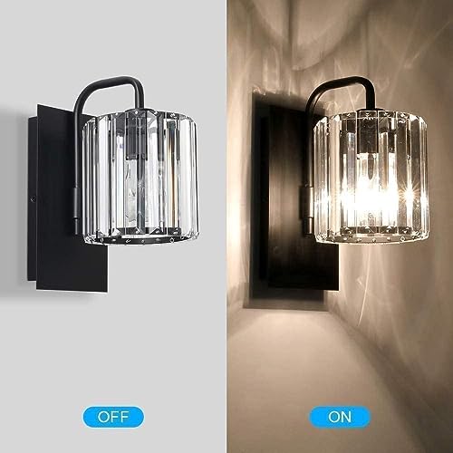 Wvsrbyr Modern Crystal Wall Sconces, Wall Light Fixture In Matt Black Finish, Crystal Bedroom Wall Lighting With Clear Glass Shade, Elegant Wall Lamps For Living Room Bedroom Bathroom Hallway #TOP6