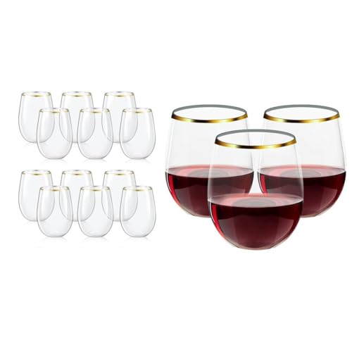 Mkzruulf - 12Pcs Stemless Wine Glasses, Clear Cups with Gold Rim, 9oz Elegant Clear Party Cups, Reusable for Champagne, Dessert, Food Samples, Catering, Weddings,Party