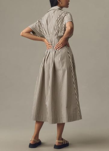 chouyatou Women's Contrast Color Striped Shirt Dress Pleated Button Down Maxi Long Tunic Dress2