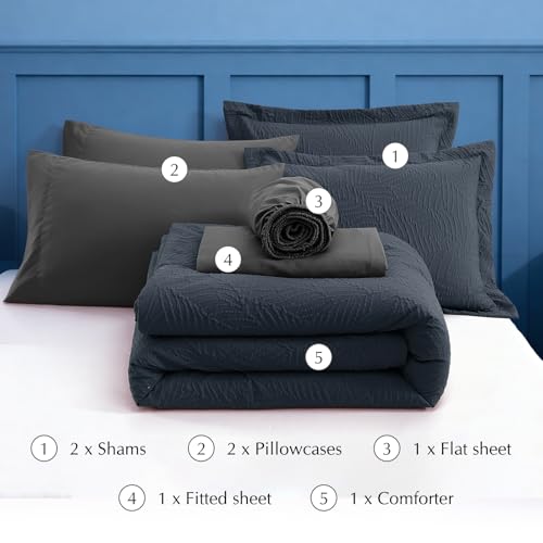 Image of King Size Comforter Set- 7 Pieces Grey Bed in a Bag King Bedding Sets | All Season Soft Botanical Textured Comforter Bed set with Sheets, Pillowcases & Shams