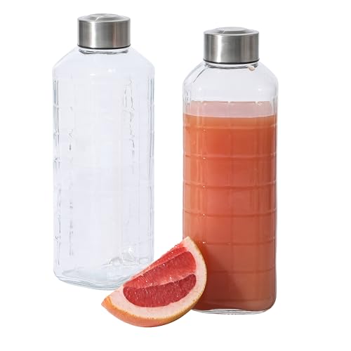 Gibson Home Whistler Peak 2 Pack 33 OZ (1 Liters) Large Embossed Reusable Glass Bottles w/Airtight Leakproof Stainless Steel Lid Pitcher for Water Milk Juice - Dishwasher Safe