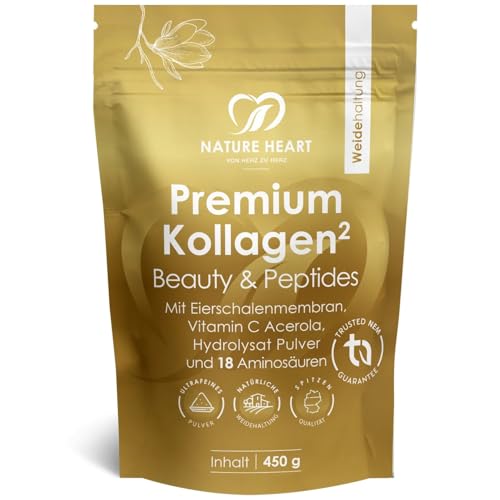 Nature Heart Premium Kollagen Peptides Pulver 450g aus Weidehaltung geschmacksneutral löslich mit Acerola und über 91% Protein