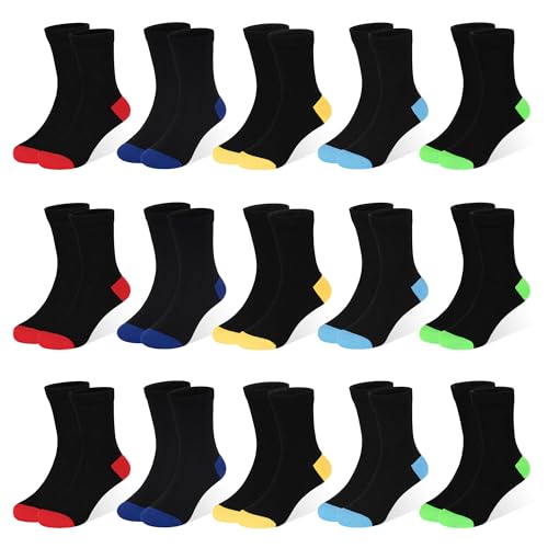 ZERULETS Kids Socks Boys Girls 15 Pairs Colourful Heel Toe Comfortable Color-blocked Crew School Black Sock for 7-10 Years
