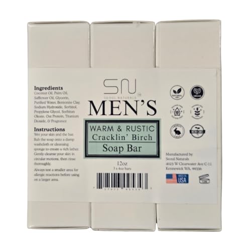 Seoul Naturals Men's Warm & Rustic Cracklin' Birch Soap Bar, k beauty, 4 oz, 3 Pack