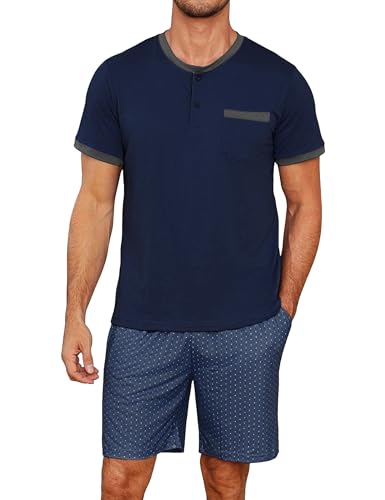 Jahetuul Schlafanzug Herren kurz Pyjama Sommer Rundhals Schlafanzüge für Herren Knopf Pyjamashort Jungen Nachtwäsche Männer Kurzarm