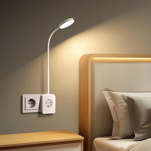 Aigostar Lampara de Lectura LED con Enchufe y Toma de Corriente, Salidas USB y Tipo C, Luz de Pared con Control Táctil, 3 Colores de Luz, Tubo de Luz Flexible Ajustable en 360°, Blanco