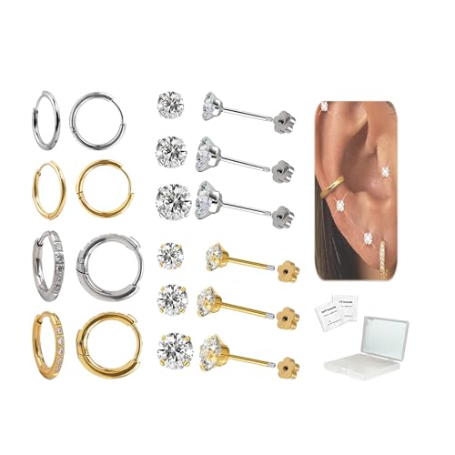 Stainless Steel Earrings Set,Hypoallergenic earrings 8mm & 10mm with CZ 3mm-5mm Studs in Gold & Silver