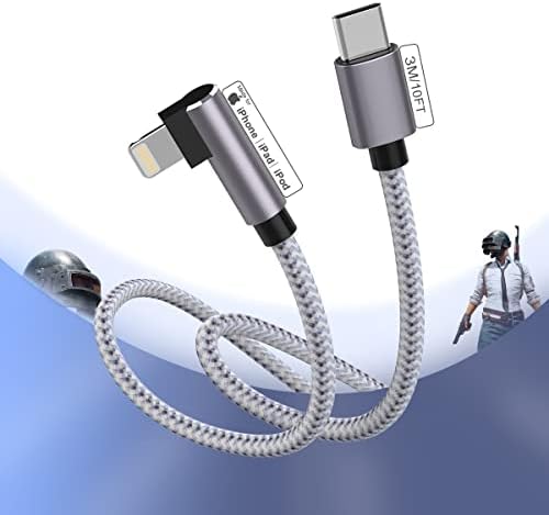 10FT 90 Degree USB C to Lightning Cable, Right Angle iPhone 13 Charger Cable Braided Fast Charging USB to iPhone Charger Cord MFi Certified with iPhone 13/12/ Pro/Max/11/8/Plus, i Pad, AirPods Pro(3M)