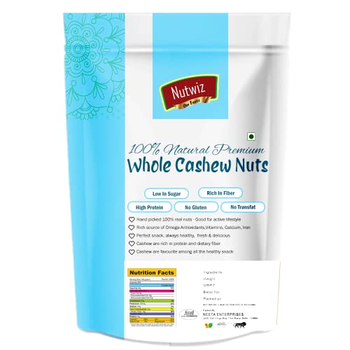 Image of Nutwiz Kaju (Cashew) 800 Grams (200 Grams X 4) for All Ages | High in Protein and Boosts Energy and Build Immunity | Healthy Nutritious Cashew Nut | Delicious Vegan & Crunchy Kaju Nut for Cooking and Raw Eating