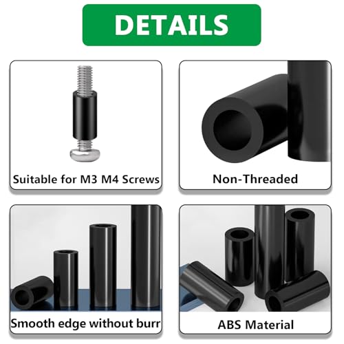 Image of 1010PCS Black Nylon Spacers Kit, 14 Sizes- 3mm,5mm,6mm,8mm,10mm,12mm,15mm Length for M3 M4 Screws, Non-Threaded Round Plastic Spacers Suitable for Switch & Receptacle Screws
