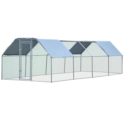 PawHut Large Chicken Coop Metal Chicken Run with Waterproof and Anti-UV Cover, Flat Shaped Walk-in Fence Cage Hen House for Outdoor and Yard Farm Use, 1.3" Tube Diameter, 9' x 24' x 6.5'