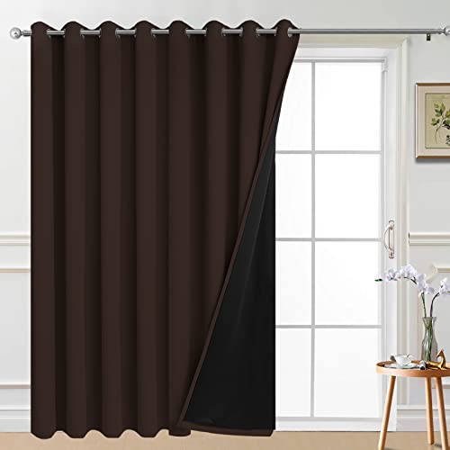 Image of Yakamok Brown 100% Blackout Patio Door Curtain Panels W100 x L96, 1 Panel | Noise Reducing Barrier Panel for Sliding Glass Door, 2 Thick Layers Heat Full Light Blocking Patio Door Drapery