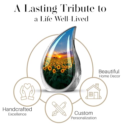 Image of Teardrop Sunflower Flower Urns for Human Remains - Sunset Funeral Urns for Adult Ashes Women - Yellow Sunflower Urn for Human Ashes - Cremation Urn for Men and Women 10inch